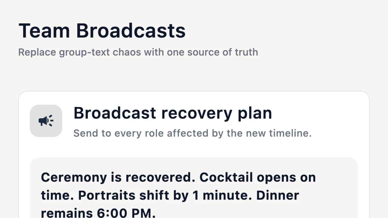 EventSync Team Broadcasts screen showing a recovery plan sent to affected roles.