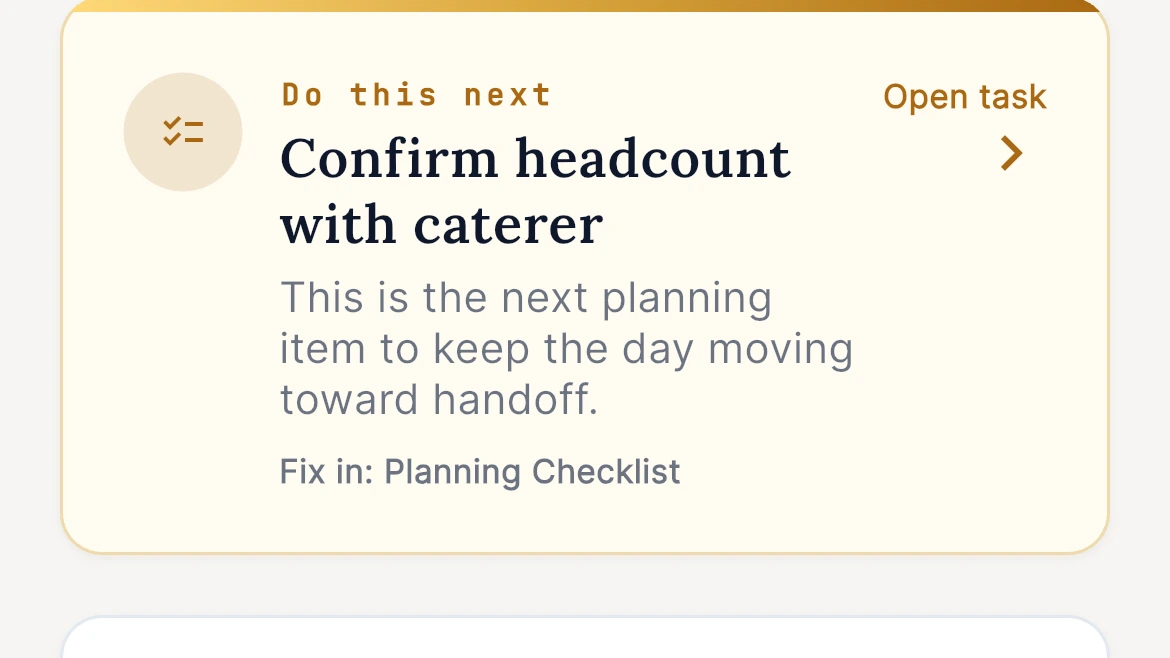 EventSync Planning Checklist card to confirm the headcount with the caterer before handoff.