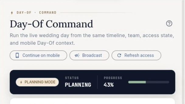 EventSync Day-Of Command ready to run the wedding day from the shared timeline, team, and mobile context.
