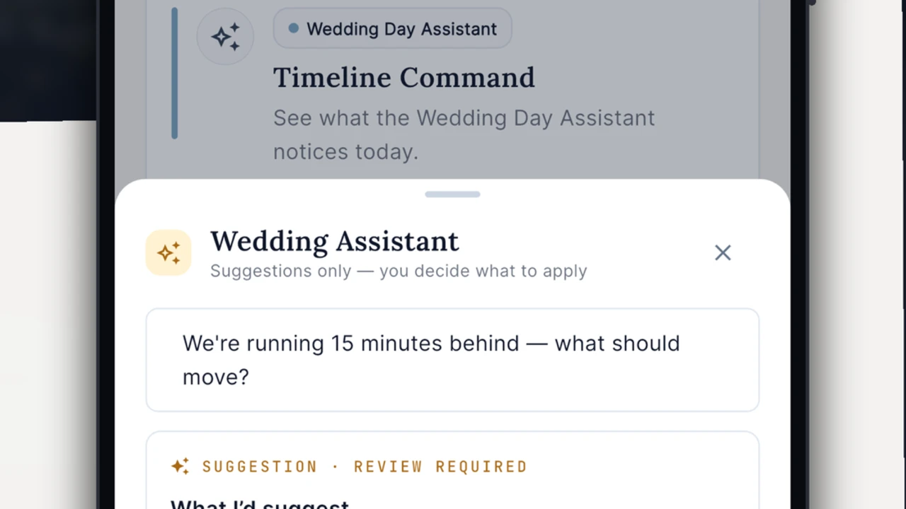 EventSync Wedding Assistant suggestion screen with human review required.