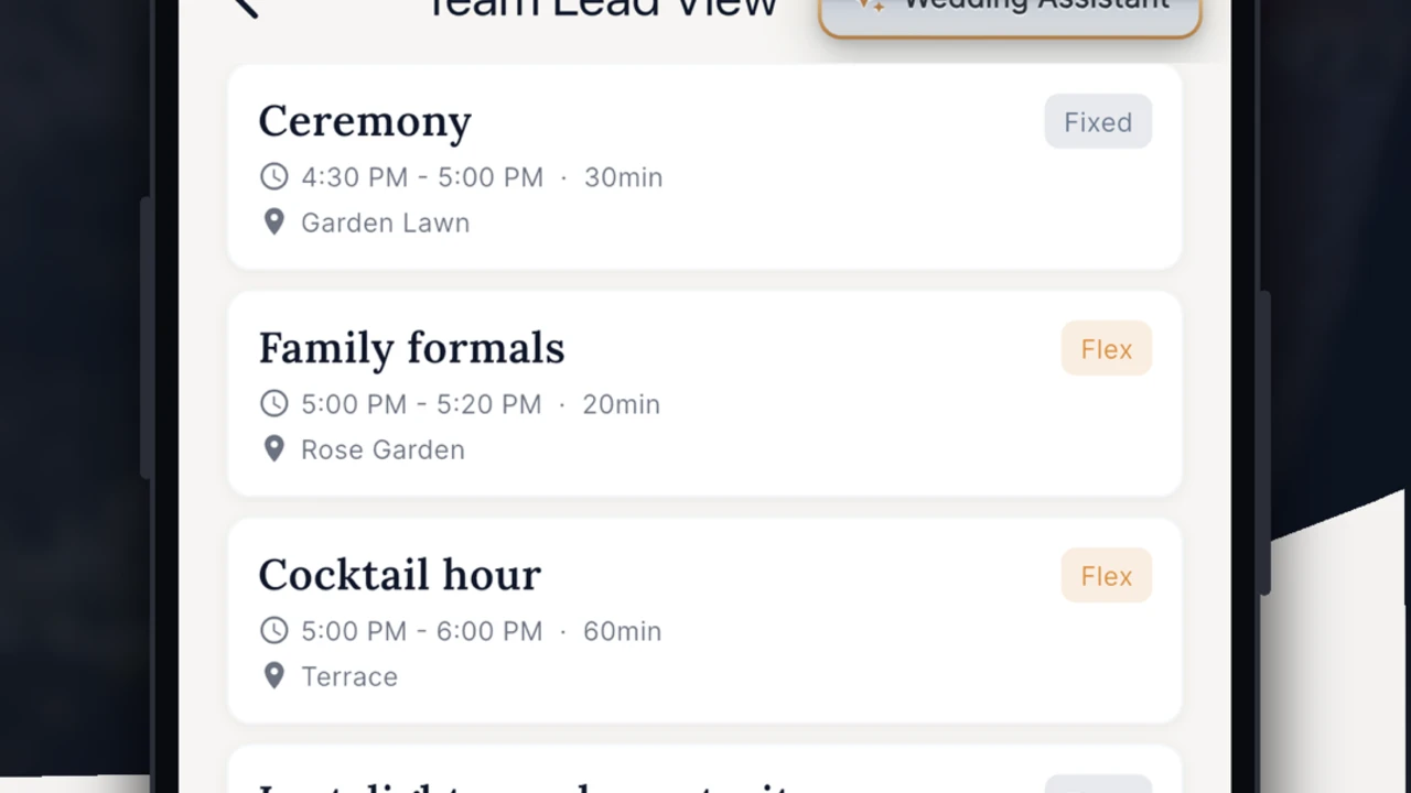 EventSync Team Lead timeline showing fixed and flexible wedding-day moments.