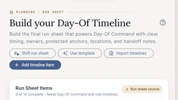 EventSync Workspace Run Sheet with timeline tools and planning actions.