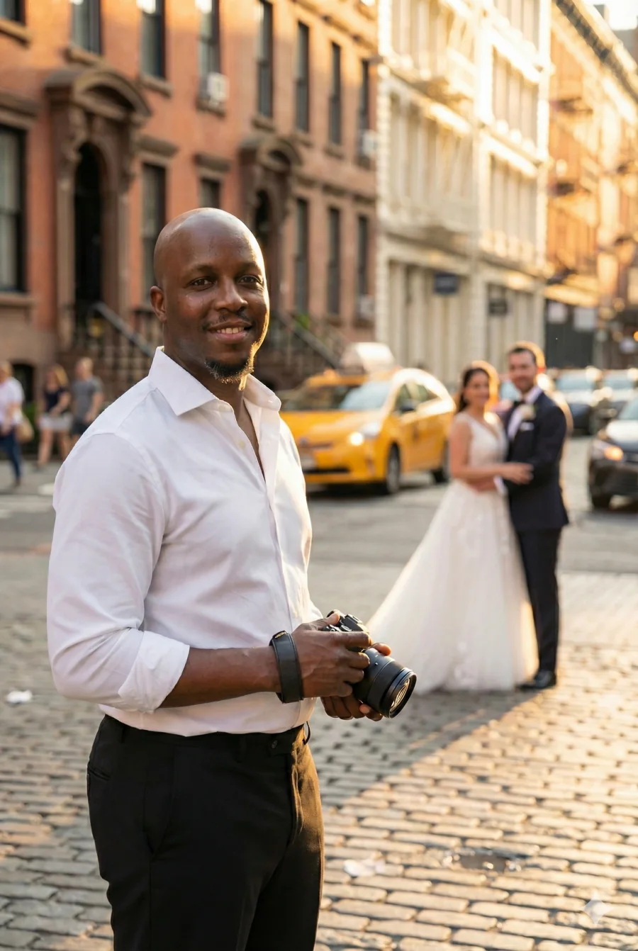 AI-assisted portrait of Kali McCarthy holding a camera near a wedding couple