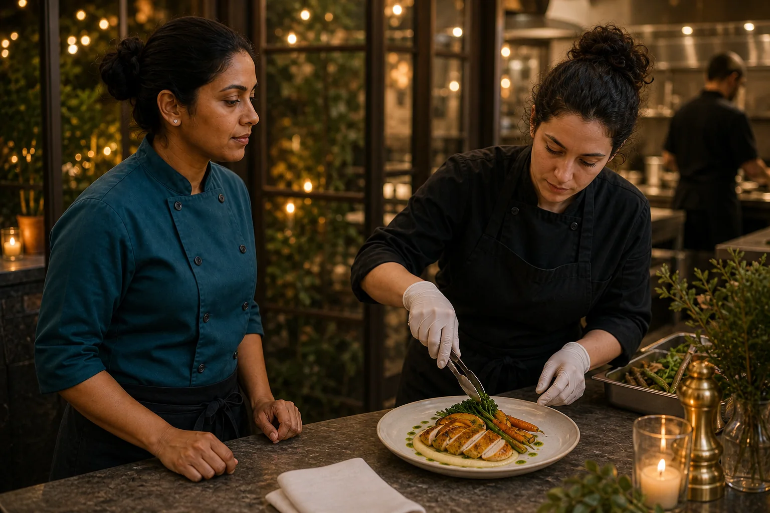 Caterer Priya Shah reviewing entered dinner-service information with her kitchen team