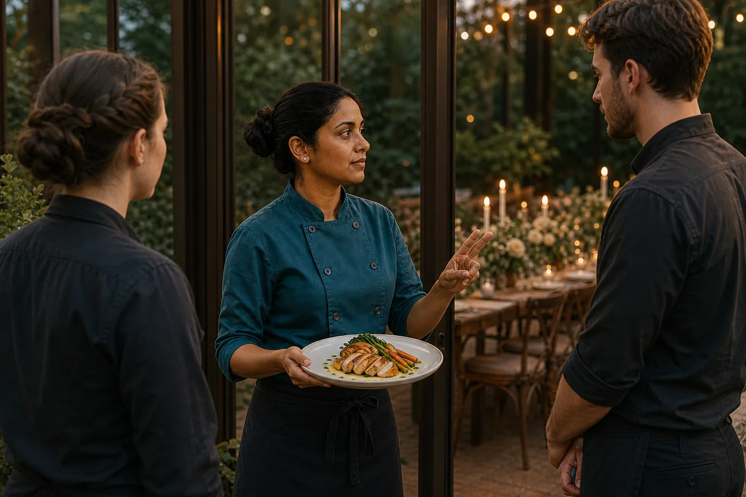 Caterer Priya Shah checking a completed plate and quietly cueing two servers