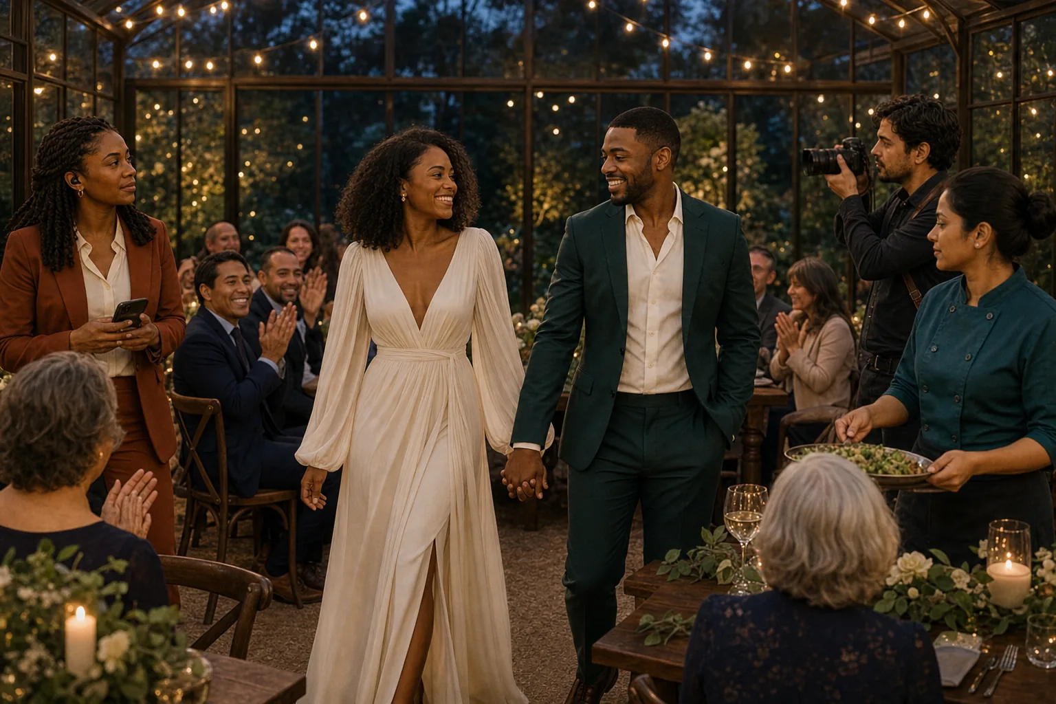 Maya and Jordan entering the glowing glasshouse while the wedding team works quietly at the edges