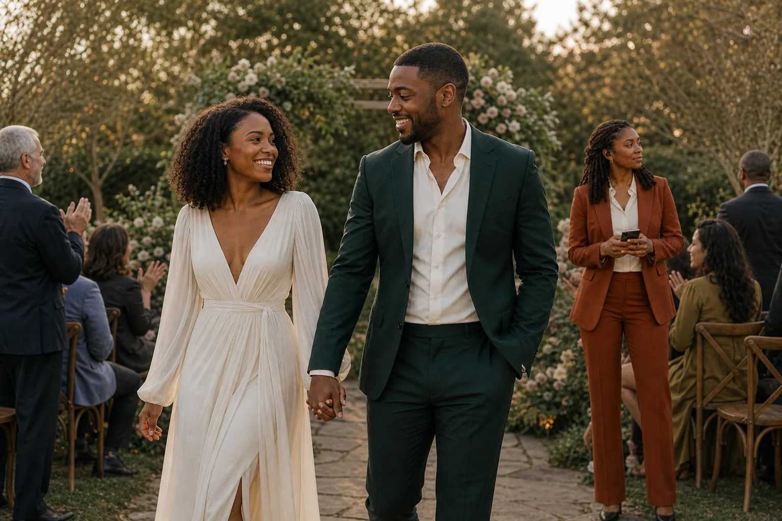 Maya and Jordan leaving their garden ceremony while Elena tracks the next transition