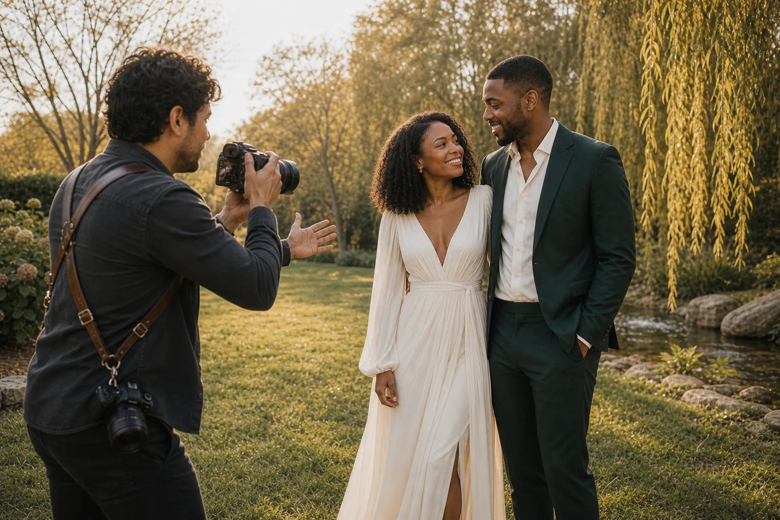 Photographer Sam Rivera directing Maya and Jordan during portraits on the willow lawn