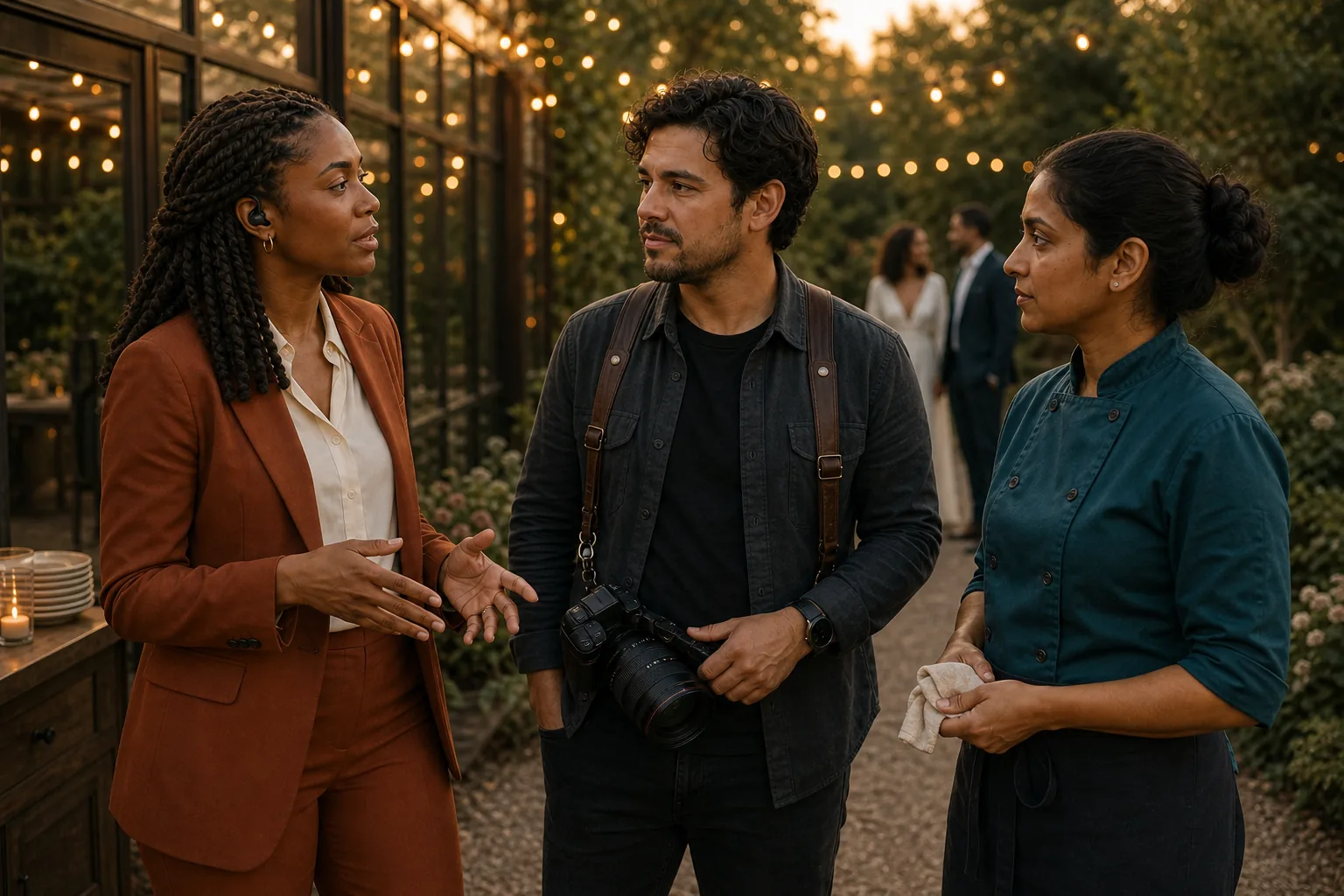 Elena, Sam, and Priya sharing a brief candid operational huddle