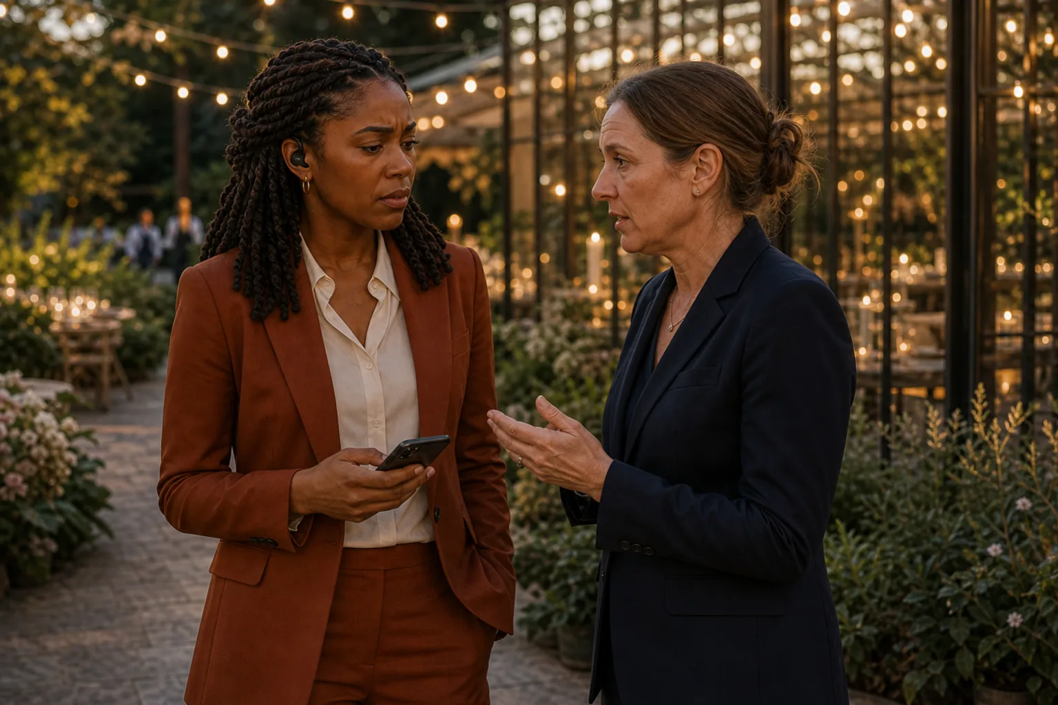 A venue manager quietly tells Elena Brooks that the wedding is running late as guests continue nearby
