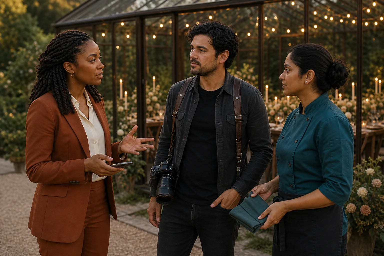 Elena calmly explains the chosen recovery to photographer Sam Rivera and caterer Priya Shah