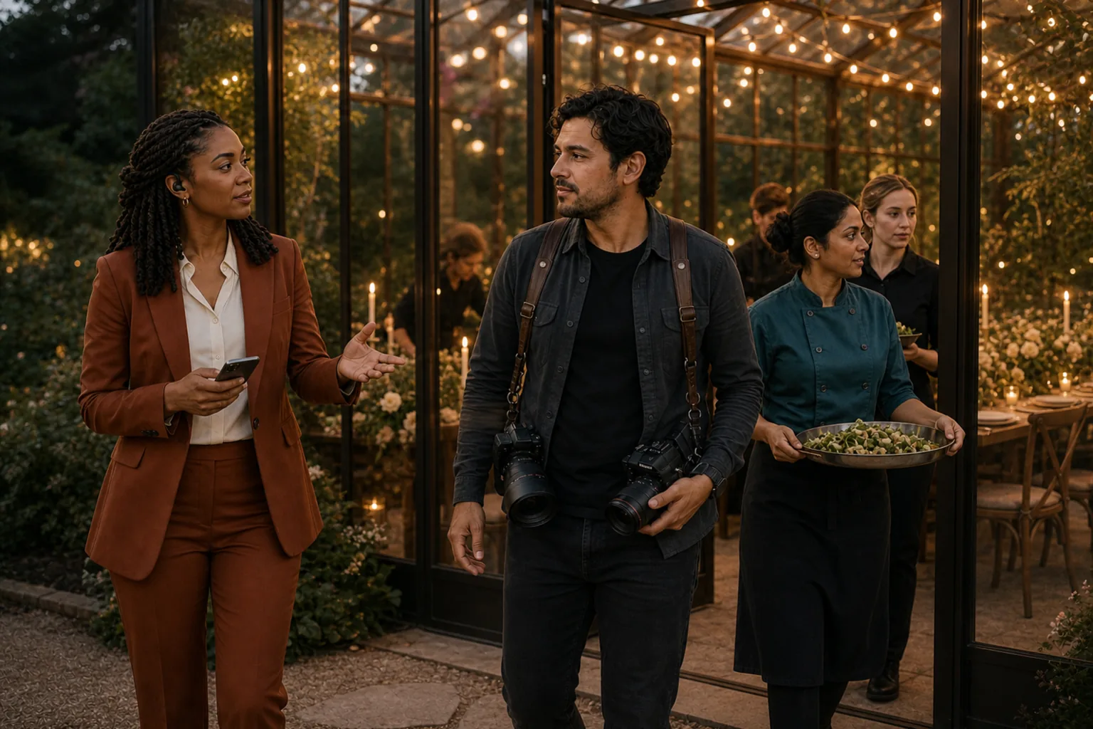 Elena cues a transition while Sam finishes portraits and Priya's team prepares inside the glasshouse