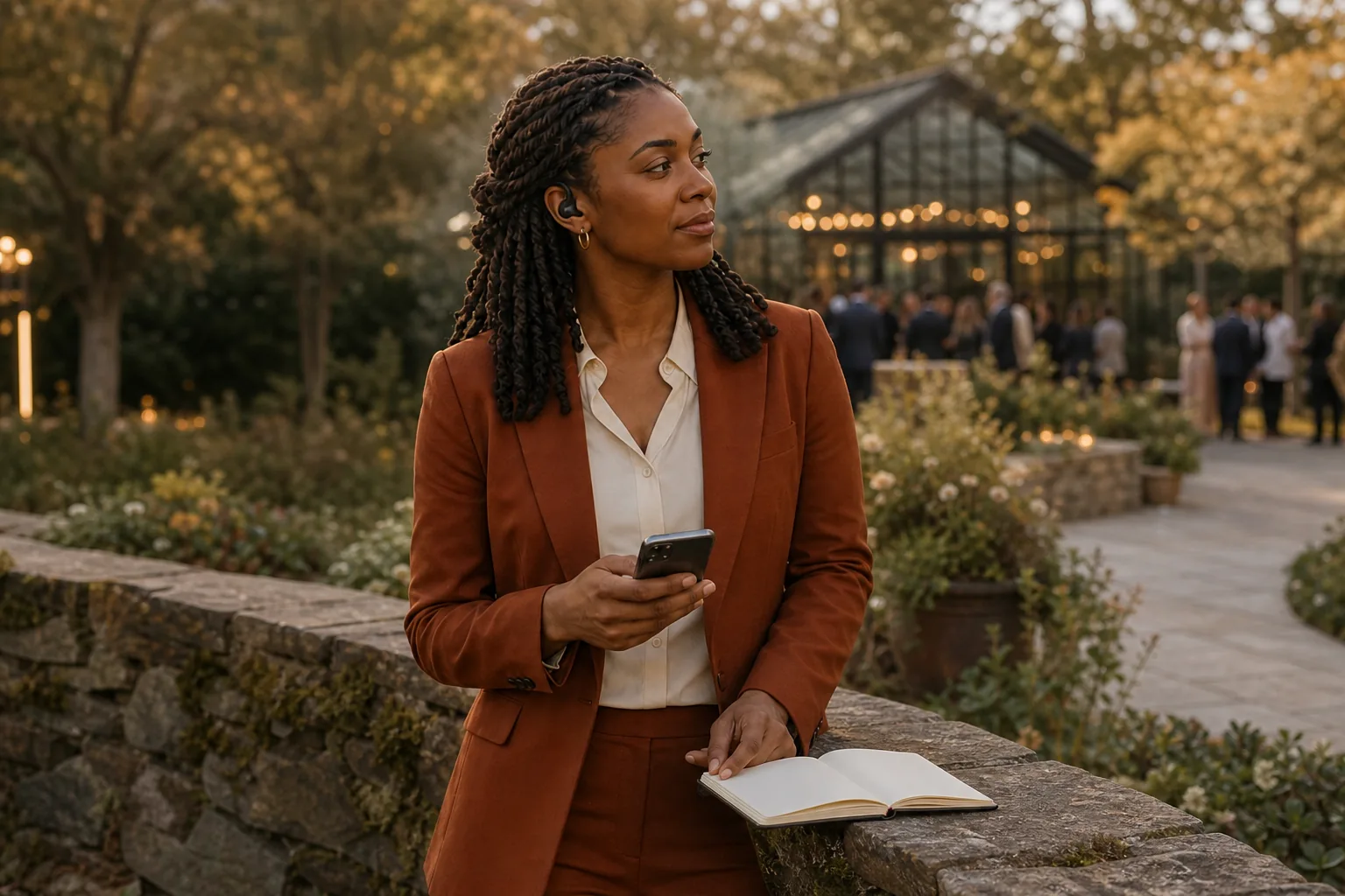 Elena compares an unreadable phone with a blank notebook while carefully reviewing a proposal