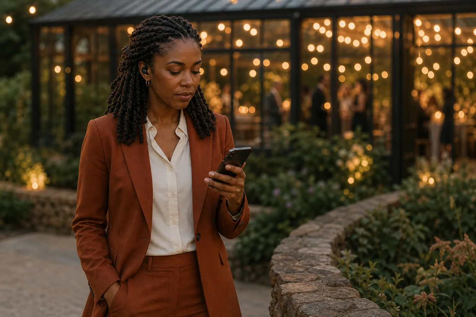 Elena steps beside a garden wall and considers the delay with an unreadable phone in hand