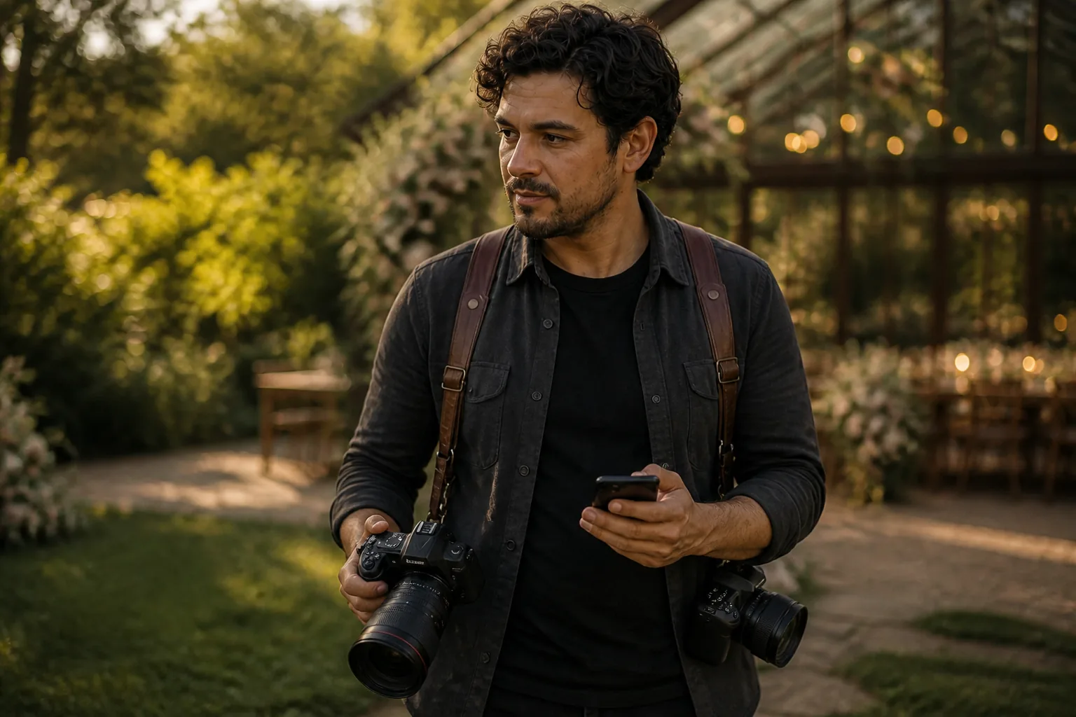 Photographer Sam Rivera preparing his camera after reviewing the separate portrait groups