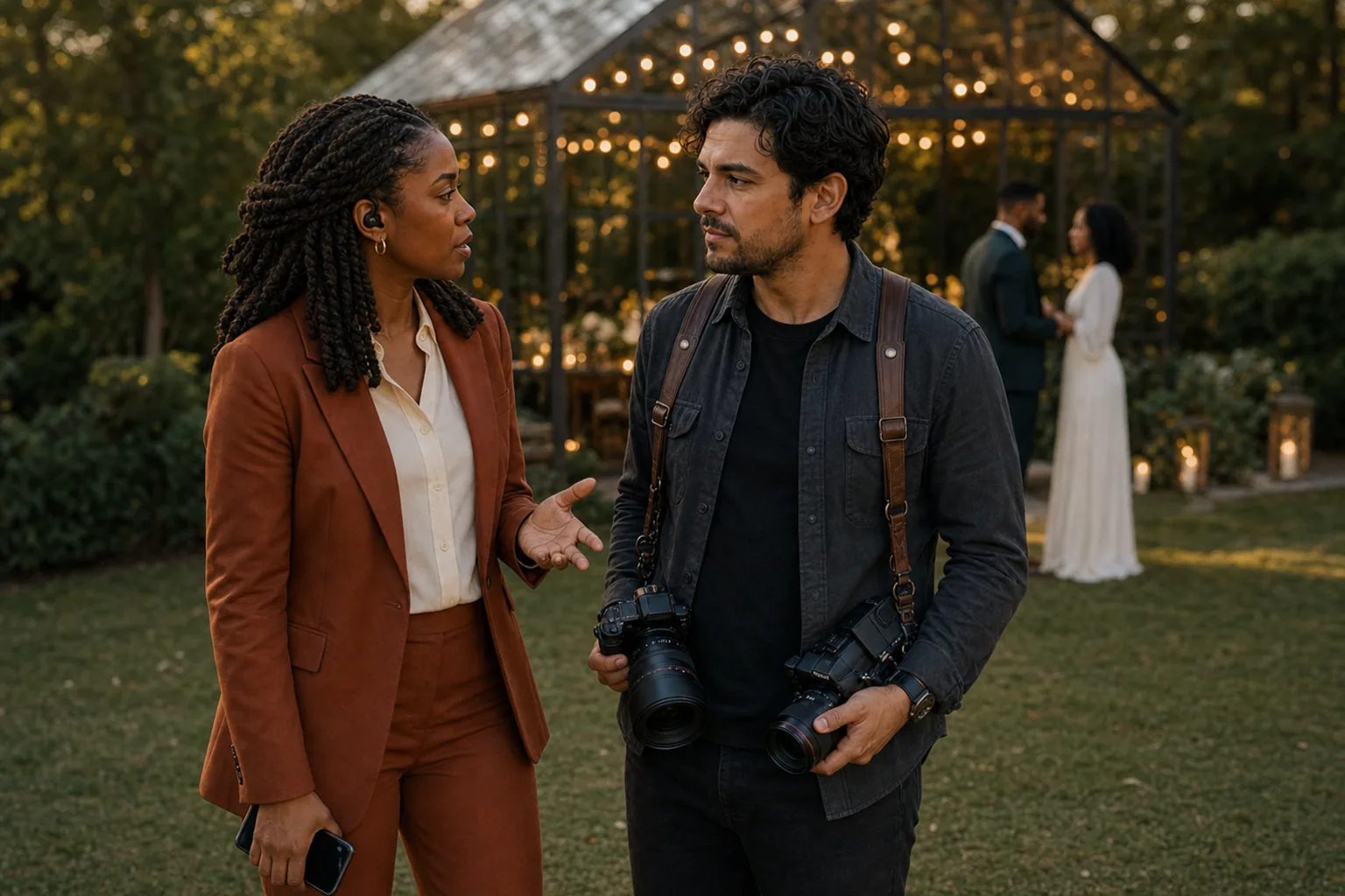 A trusted wedding-day lead quietly handing the family-formals plan to photographer Sam Rivera