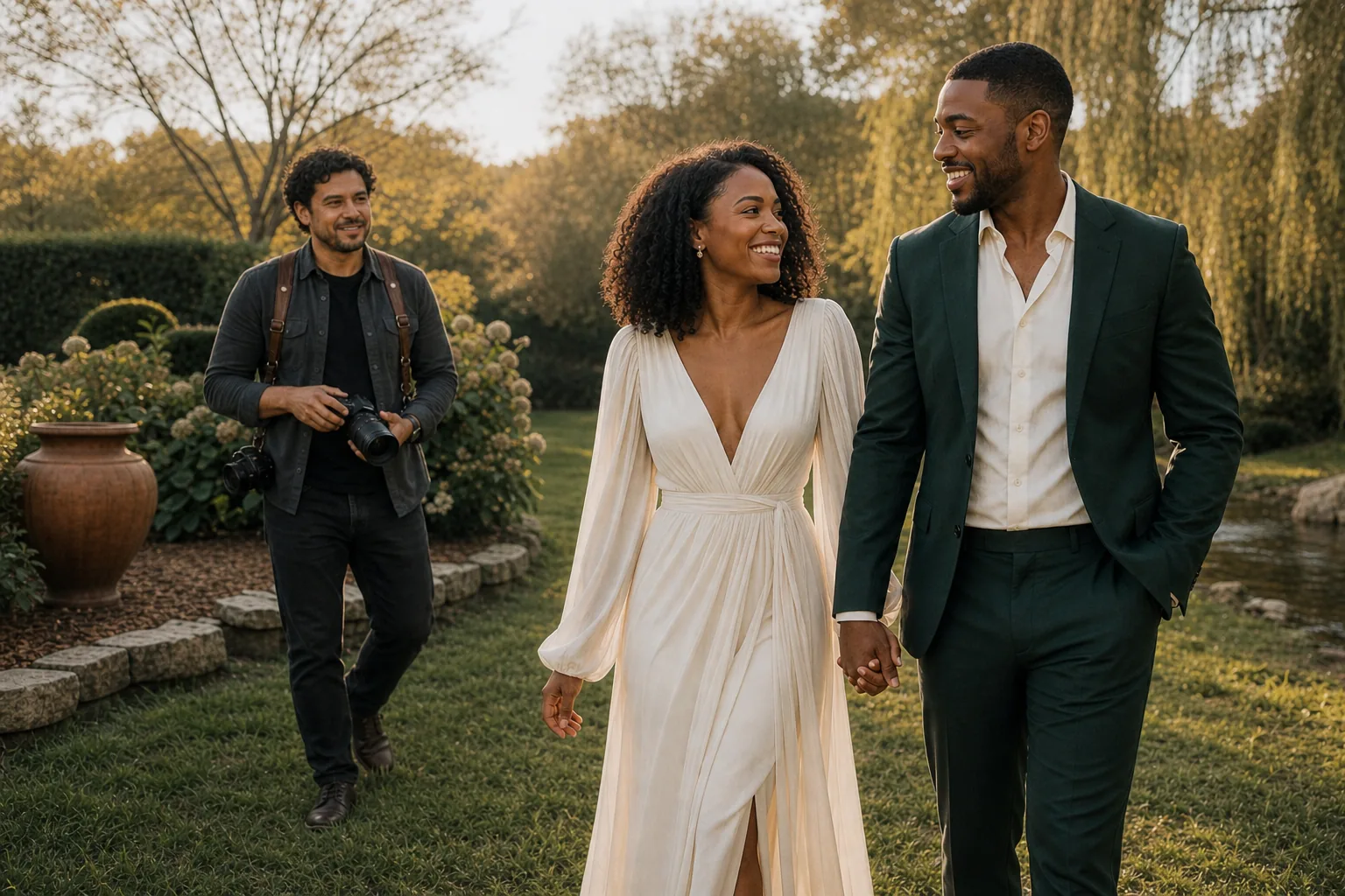 Maya and Jordan sharing a relieved moment after their separate family-formal photographs