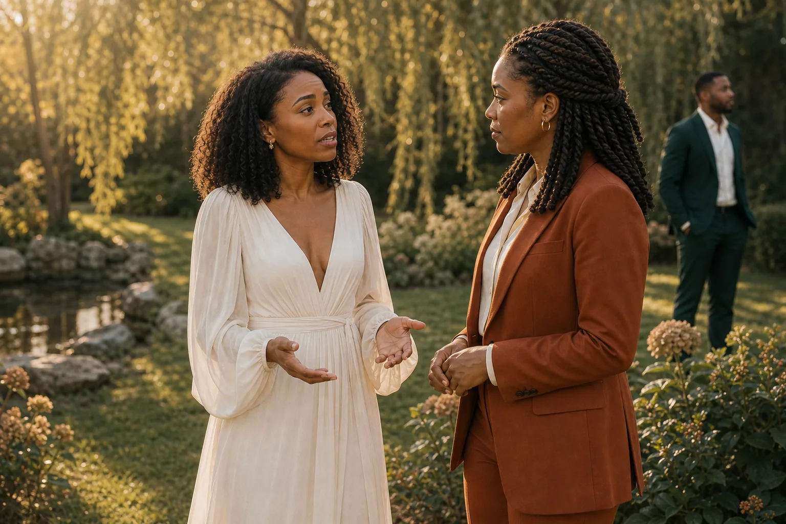 Maya quietly explaining a sensitive family-formals concern before portraits begin