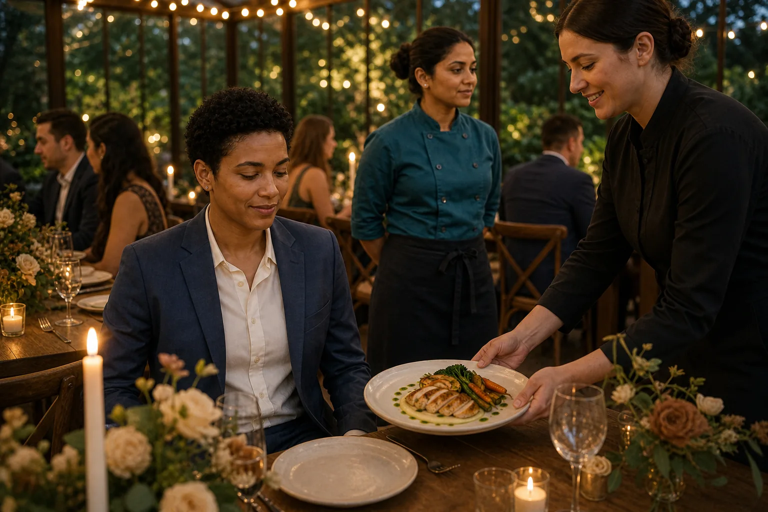 A server discreetly carrying a guest-specific wedding meal to Table 3
