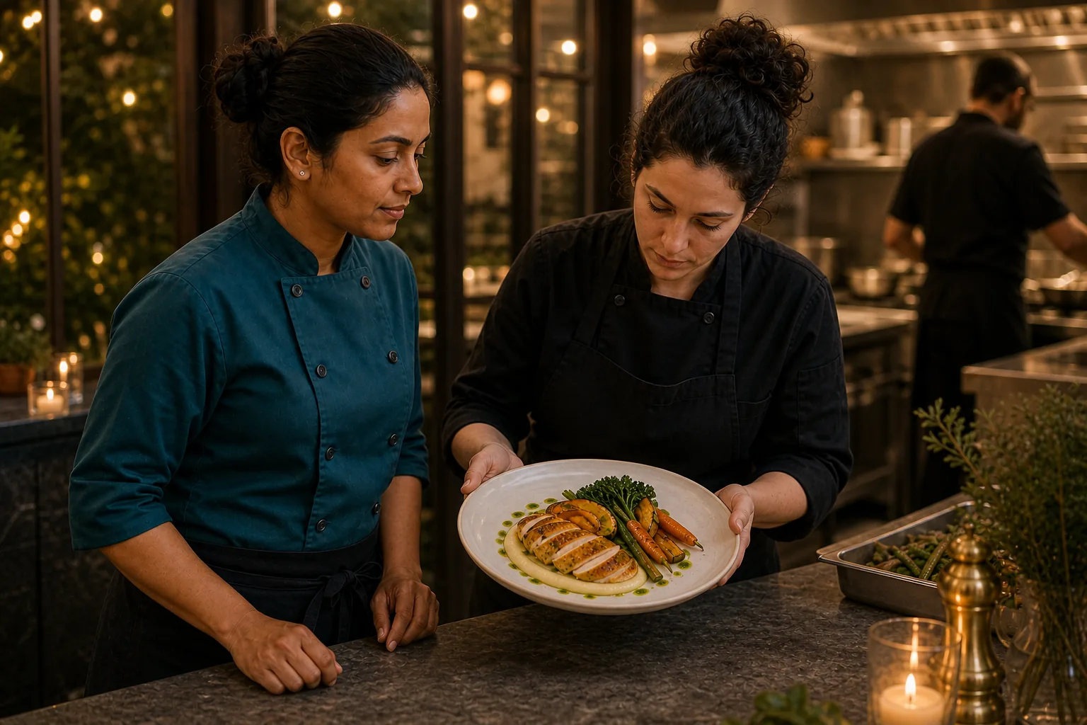Priya performing a final visual check of a plated wedding meal before service