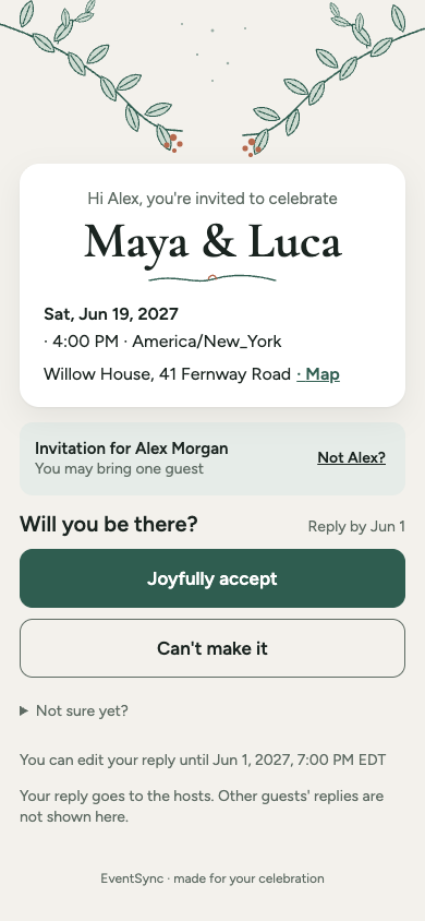 Local Garden Line guest invitation for fictional Maya and Luca and Alex Morgan