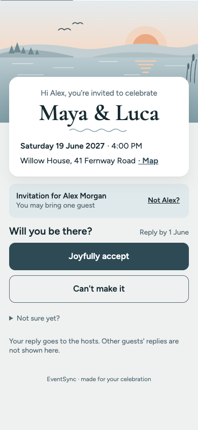 Actual fictional sample in Lakeside Dawn, with lake and sunrise above Maya and Luca's invitation