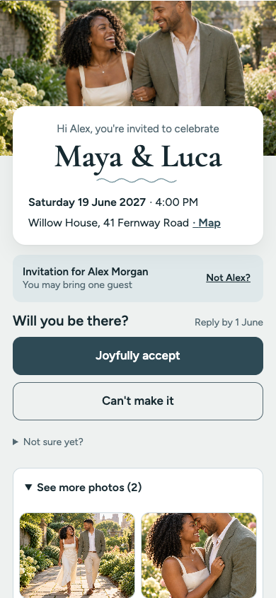 Actual sample album expanded below both RSVP buttons, showing two additional AI-generated couple photos
