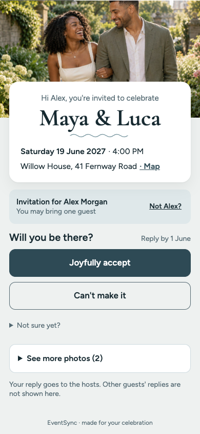 Actual fictional sample invitation with an AI-generated couple photo cover and gallery control below the RSVP answer buttons
