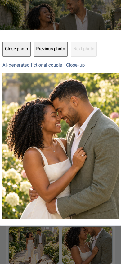 Actual sample photo viewer after Next, showing the distinct fictional couple close-up