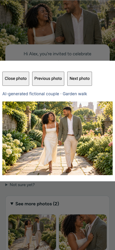 Actual open sample photo viewer showing the fictional couple's garden walk with Close, Previous and Next controls