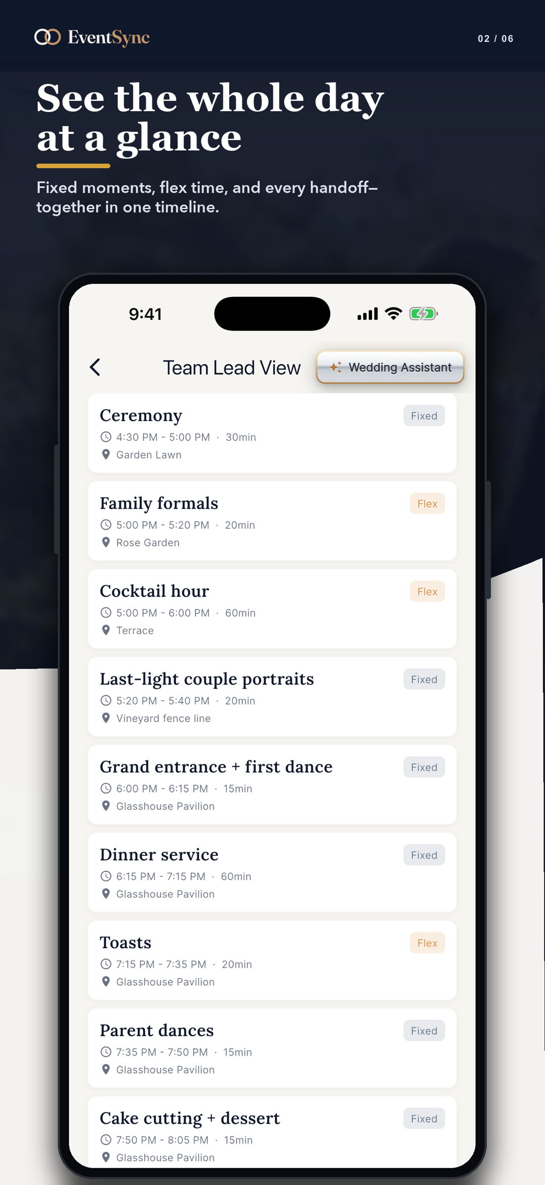 EventSync timeline view showing live wedding blocks