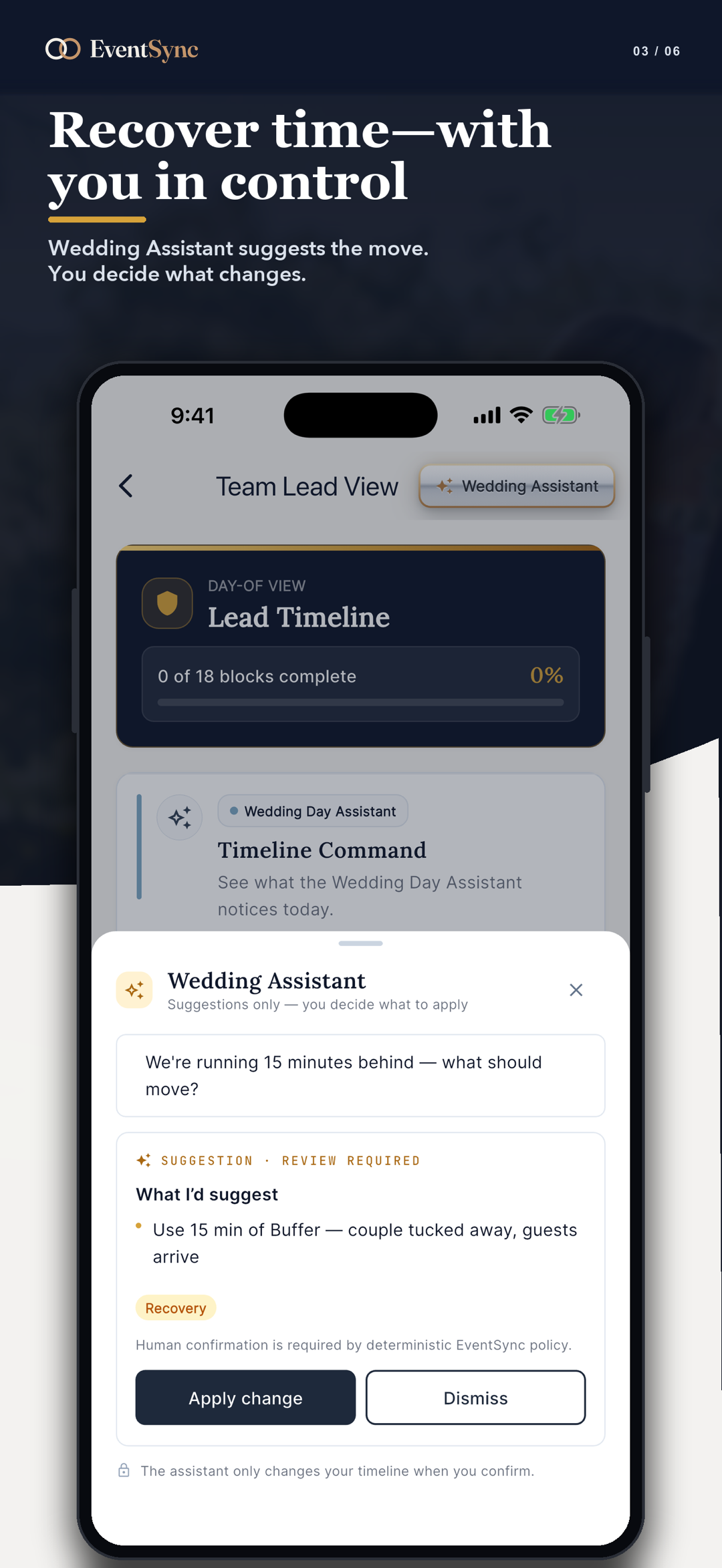 EventSync Wedding Assistant showing a planner-reviewed recovery suggestion