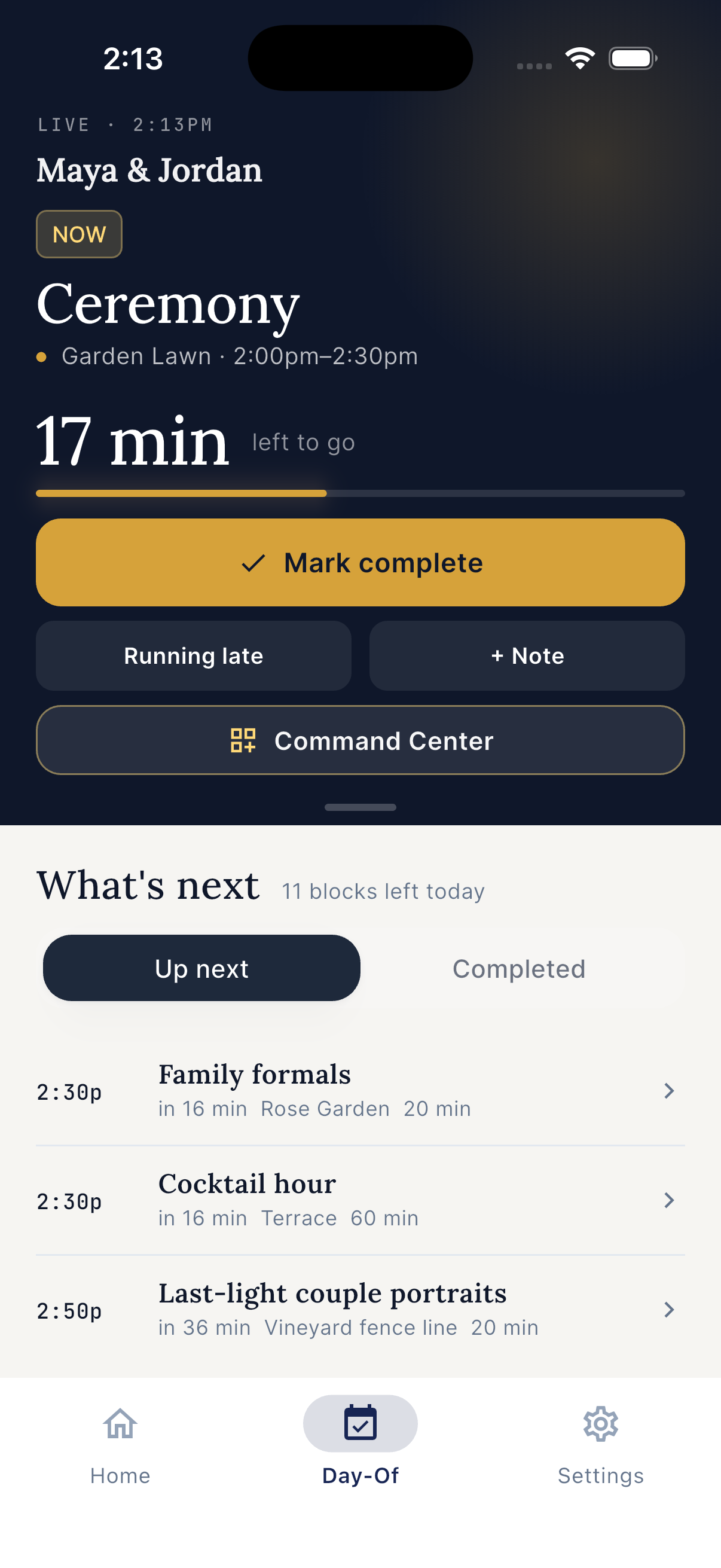 Current EventSync Day-Of Cockpit showing a live ceremony, Command Center, What’s next, Up next, and Completed controls