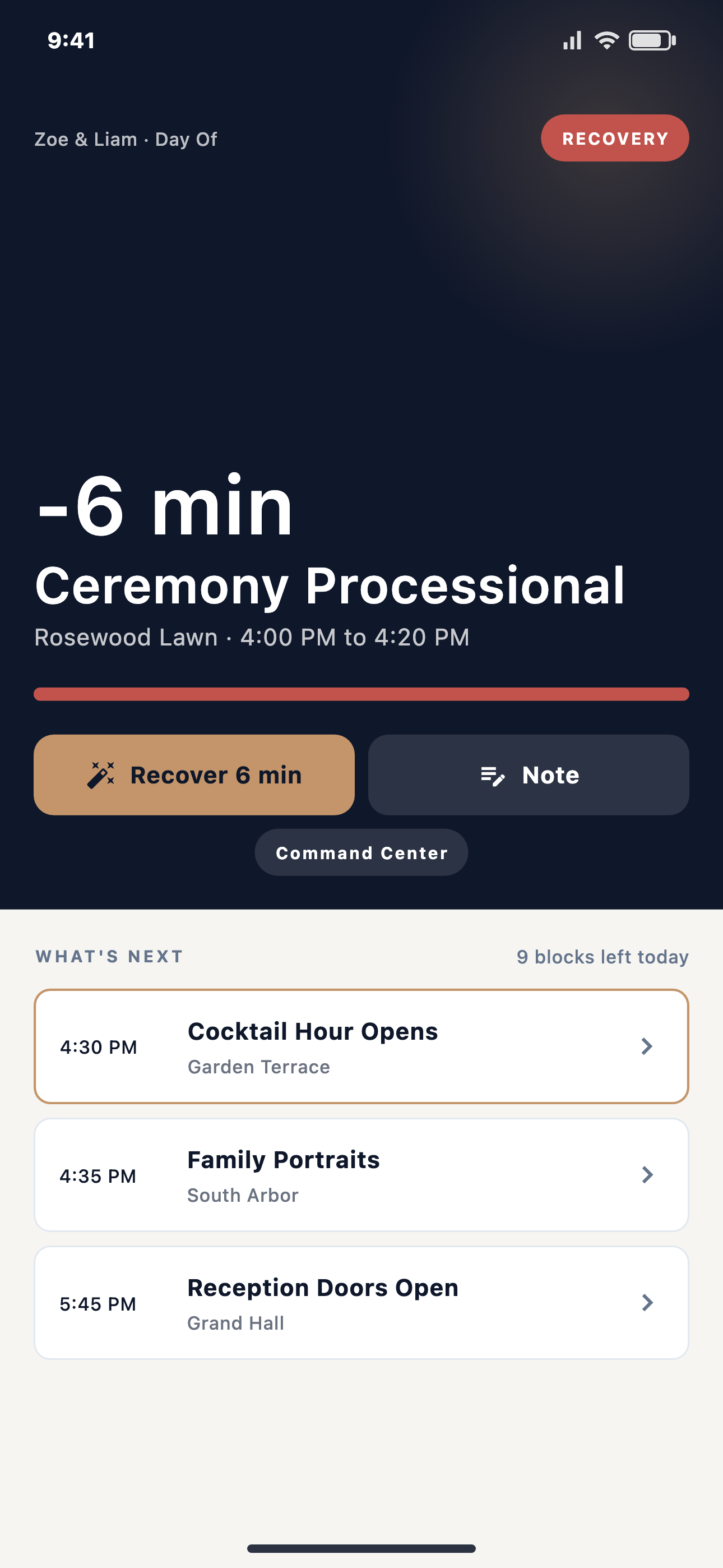 EventSync Day-Of Command showing SmartRipple recovery with planner approval controls