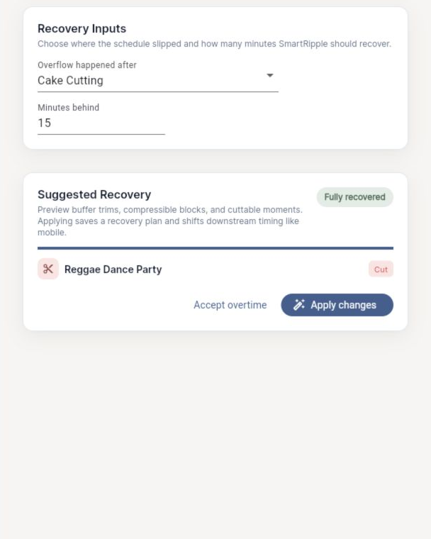EventSync Workspace 2.2.10 build 154 SmartRipple recovery controls for a test wedding