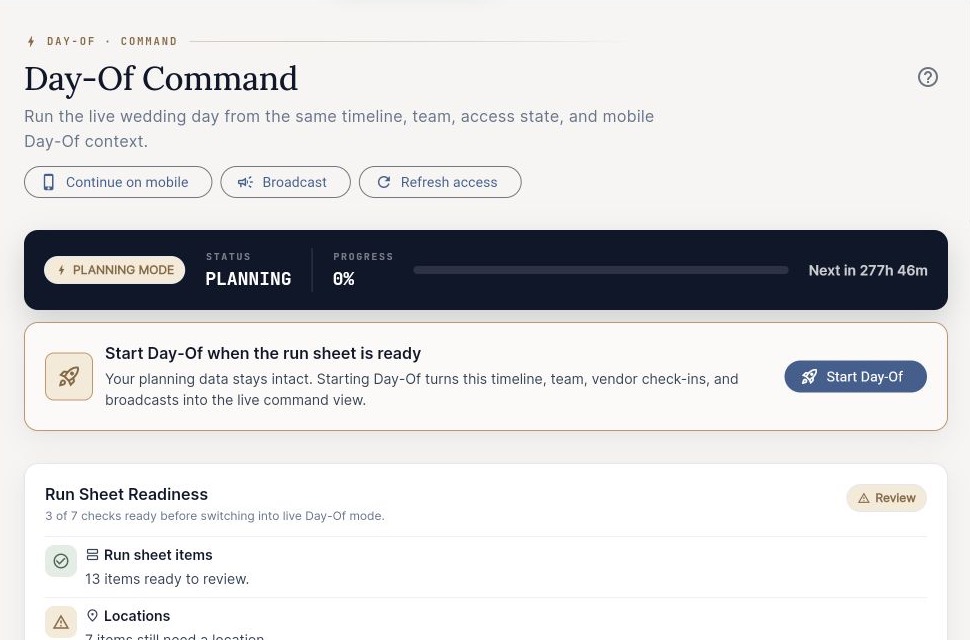 EventSync Workspace Day-Of Command preparation screen showing planning status, activation guidance, and run-sheet readiness in a privacy-reviewed test wedding.