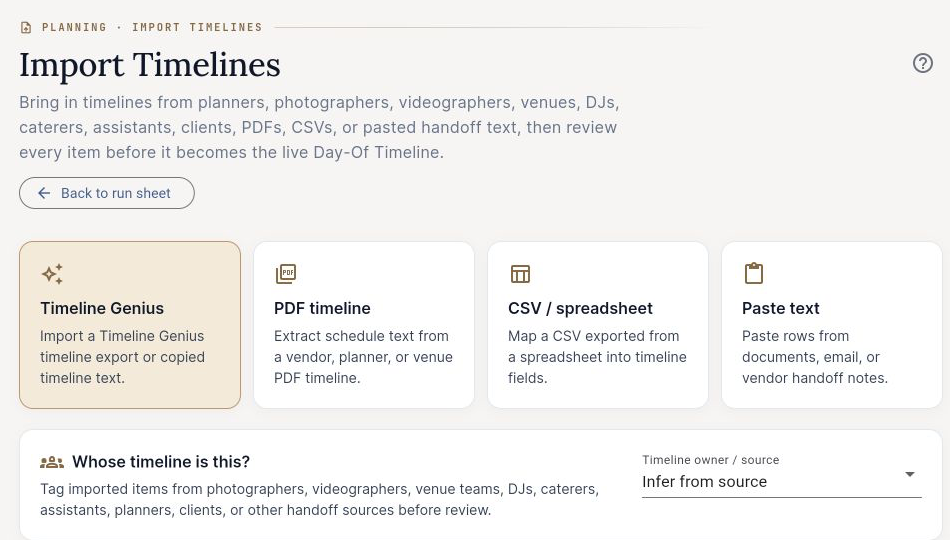 EventSync Workspace Import Timelines screen with Timeline Genius, PDF timeline, CSV or spreadsheet, and Paste text options.