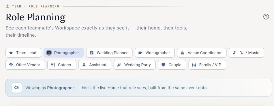 EventSync Workspace Role Planning screen showing photographer role preview and the other available wedding-team roles.