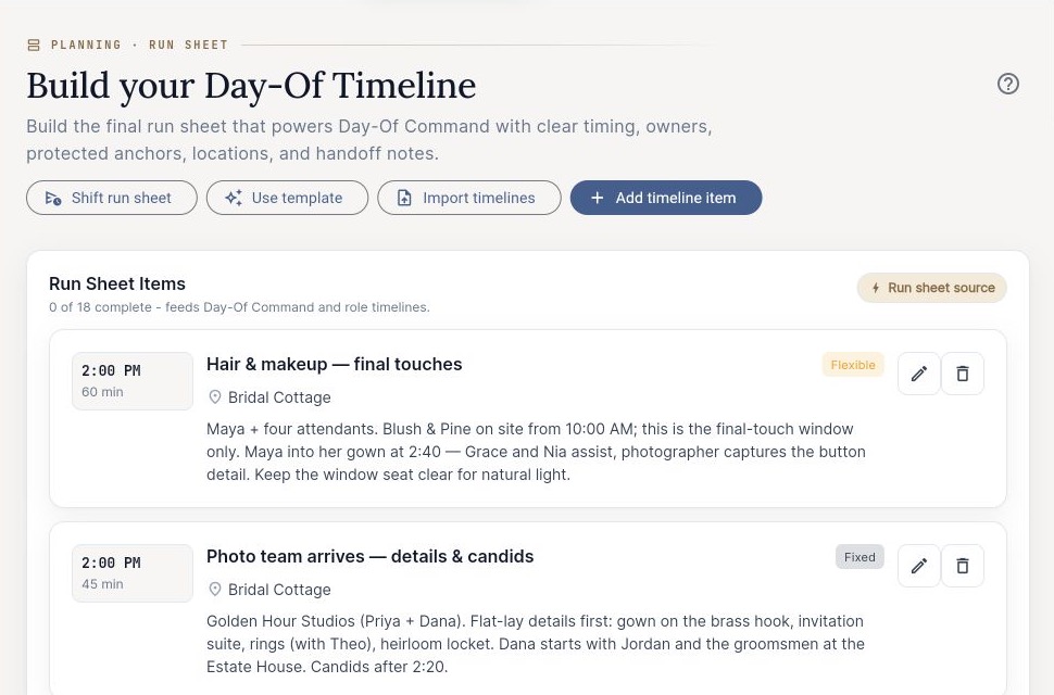EventSync Workspace Run Sheet showing the wedding-day timeline, timing, locations, and handoff notes in a privacy-reviewed test wedding.