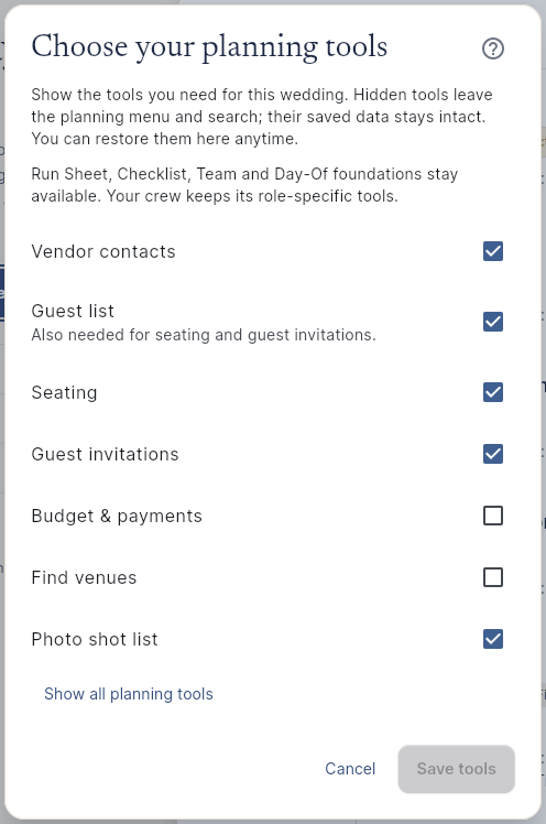 EventSync Workspace Scope dialog showing optional planning tools, with Budget and Find venues hidden.
