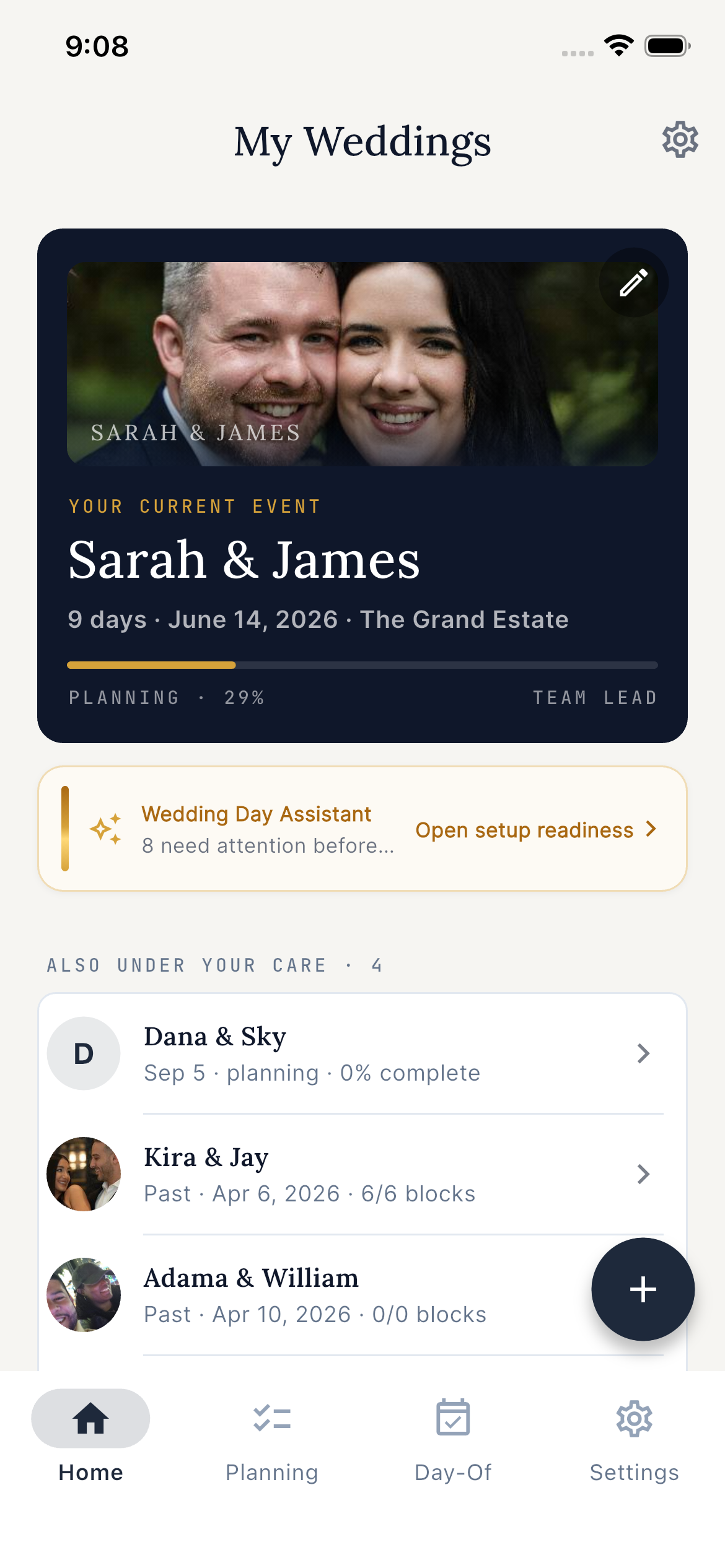 EventSync home screen for Zoe and Liam showing wedding-day progress and quick actions