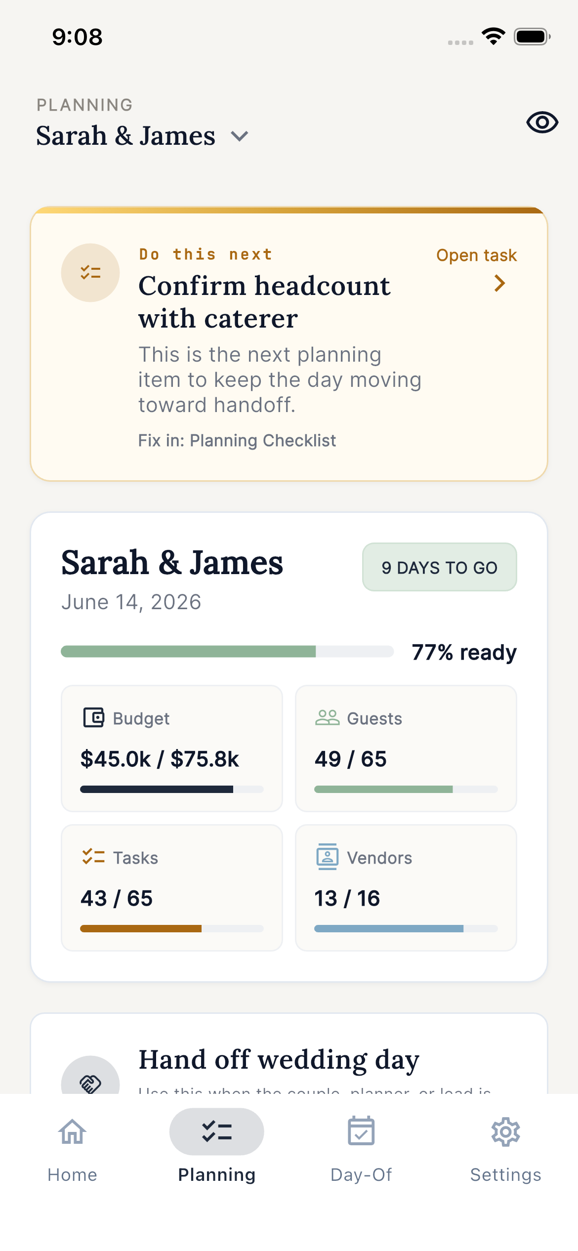 EventSync planning checklist screen showing current wedding tasks and readiness before day-of execution.
