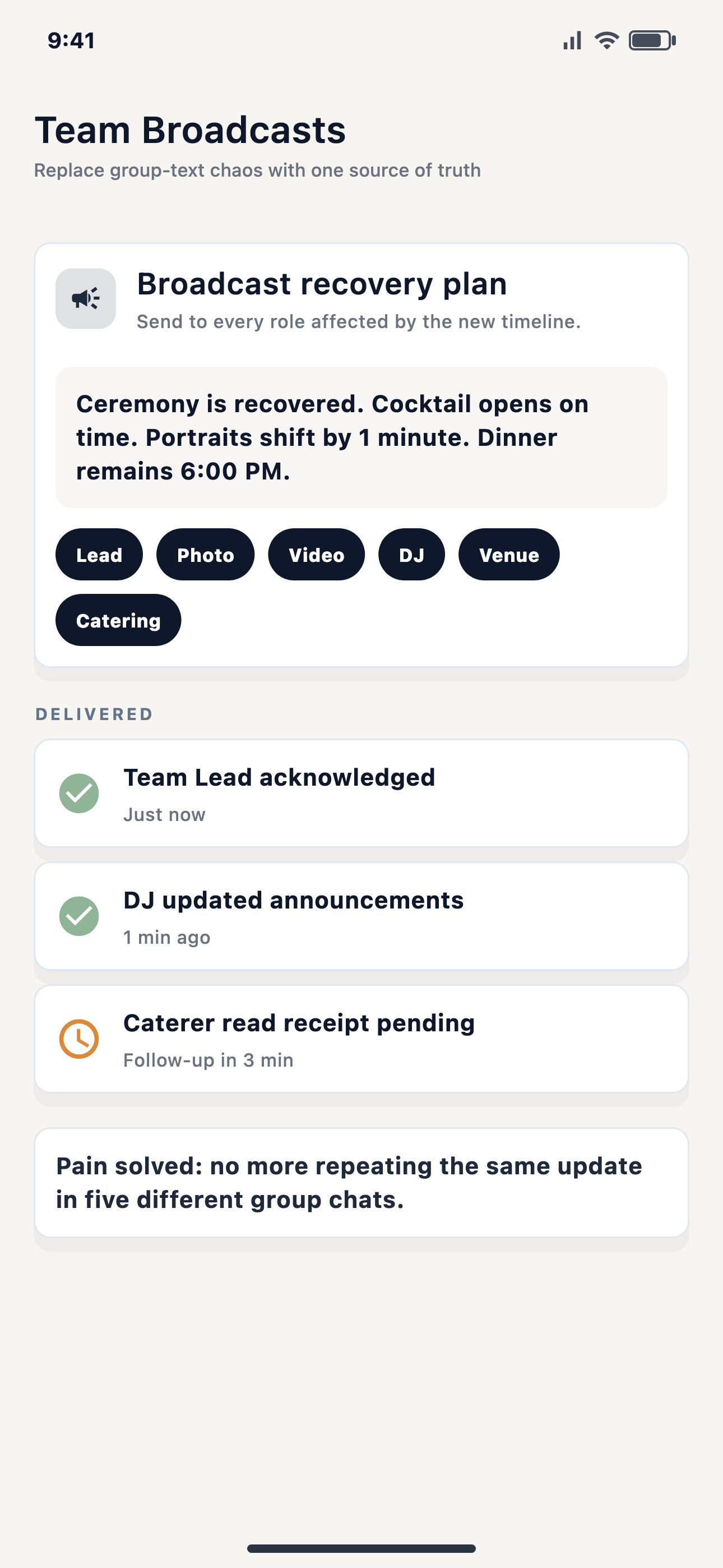 Wedding day timeline updates being shared with the planner, photographer, DJ, venue, and couple through EventSync.