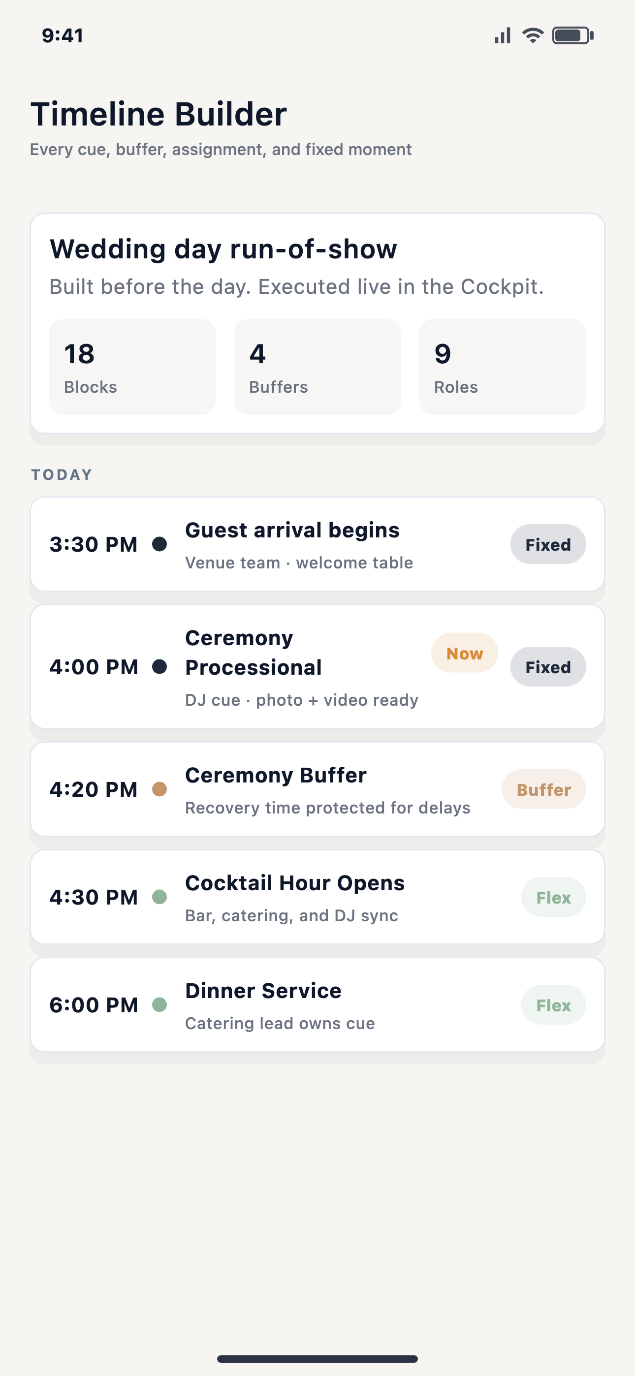 EventSync Timeline Builder app screen showing a wedding-day run-of-show with assigned cues, protected buffers, and fixed moments.