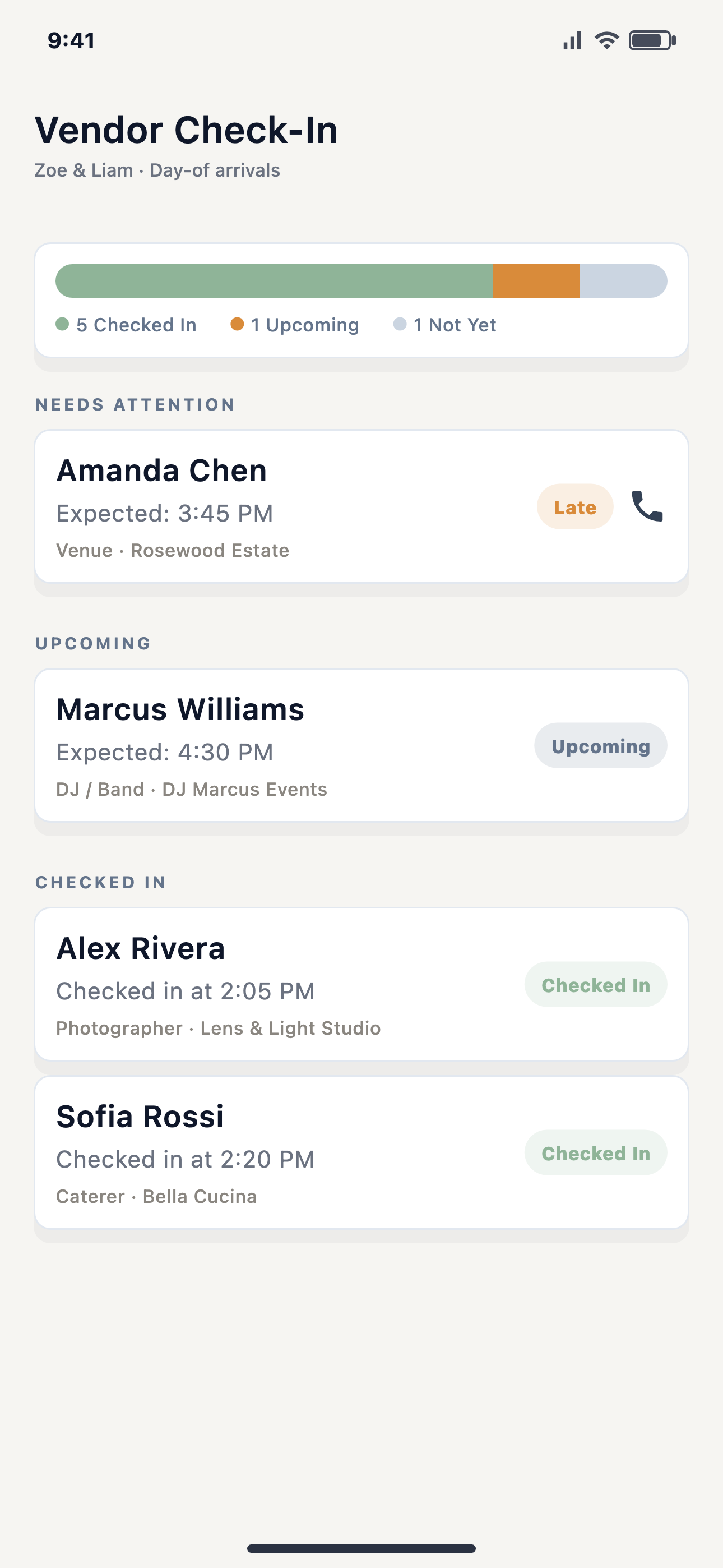 EventSync vendor check-in screen showing late, upcoming, and checked-in vendors