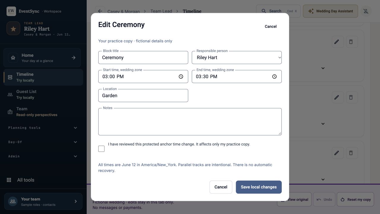 Authentic capture of the live fictional Workspace sample: editing a ceremony's time, location and responsible person in a practice copy