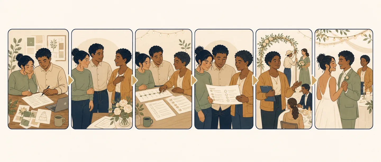 Six-panel editorial illustration: a couple plans a DIY wedding, asks a trusted lead to help, gathers a timeline, checklist, and contacts, reviews the handoff together, the lead supports the wedding day, and the couple enjoys the celebration.