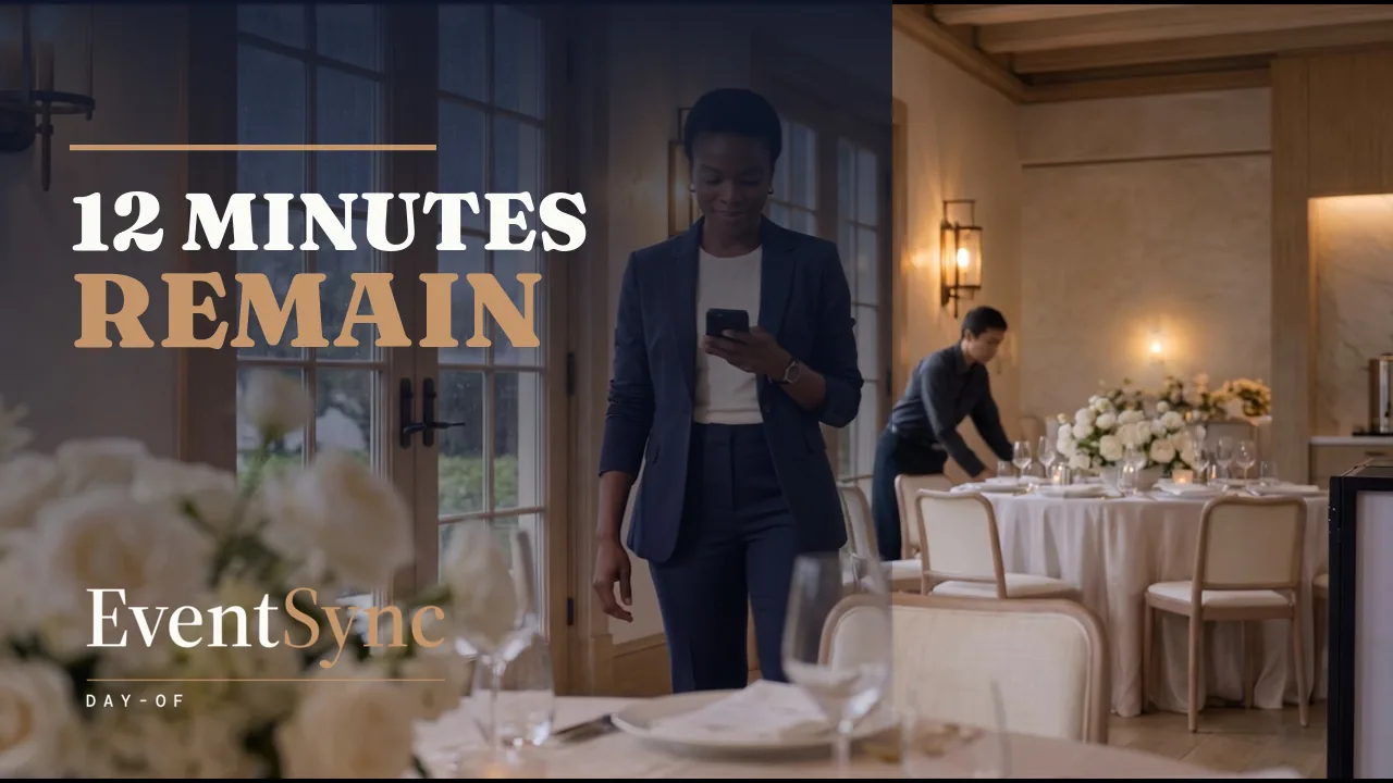 Nora, the wedding planner in the Twelve Minutes film, standing in a populated reception room