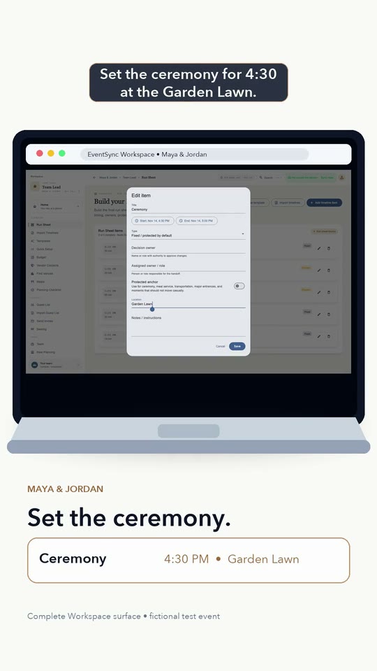 A wedding timeline moving from EventSync Workspace on desktop to the Day-Of app.