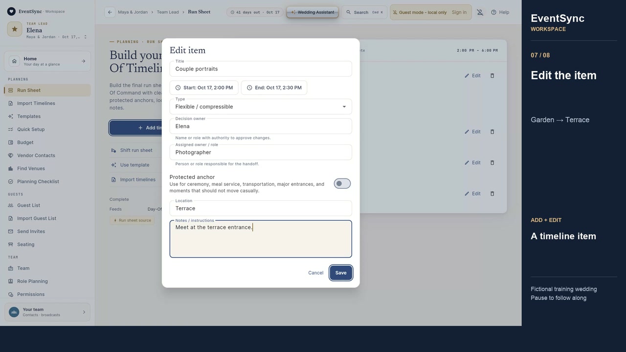 Preview of the narrated EventSync Workspace add-and-edit timeline tutorial